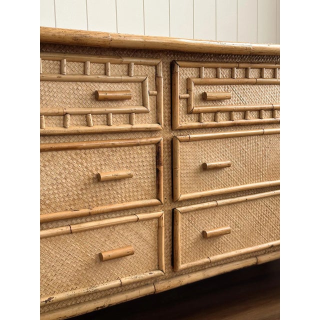 Vintage Coastal Bamboo & Woven Rattan 6-Drawer Sideboard For Sale In Greensboro - Image 6 of 17