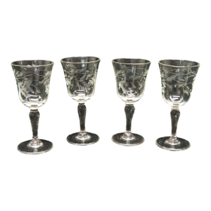 Etched Glass Shot Glass Cordials With Vine Motif Set of 4