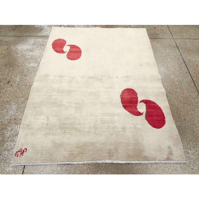 Galerie Shabab Collection Mid-20th Century Handmade Persian Art Deco Paisley Scatter Rug in Cream and Red For Sale - Image 4 of 10