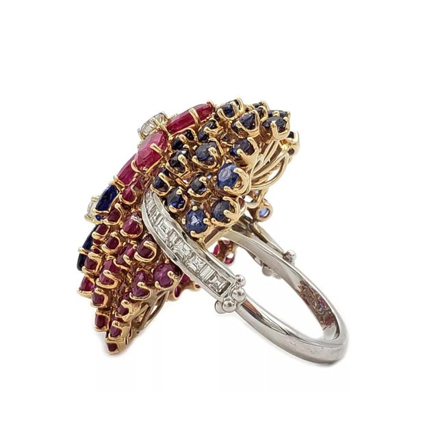 Contemporary Stunning 13ct Ruby Sapphire Diamonds 14k White Gold Floral Long Dome Ring For Sale - Image 3 of 7