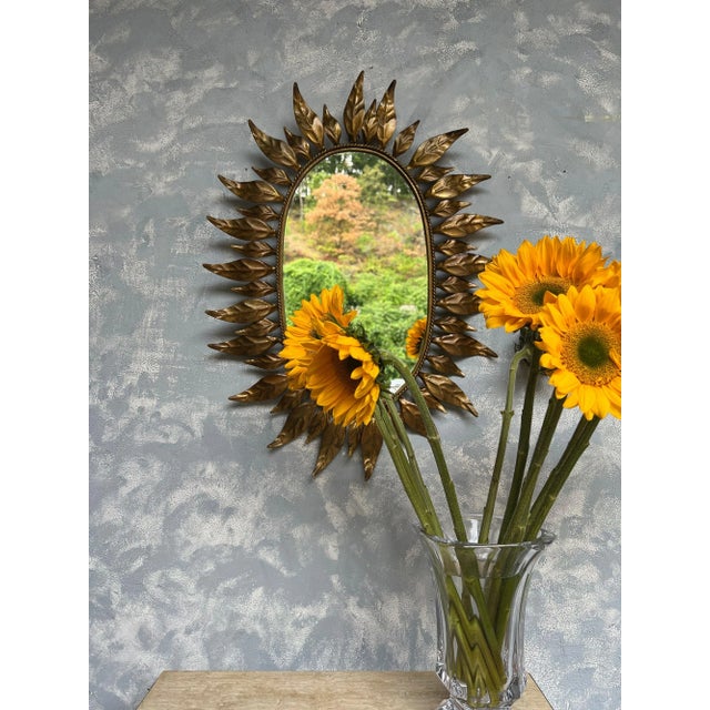 Spanish Spanish Oval Gilt Metal Sunburst Mirror With Alternating Leaves For Sale - Image 3 of 13