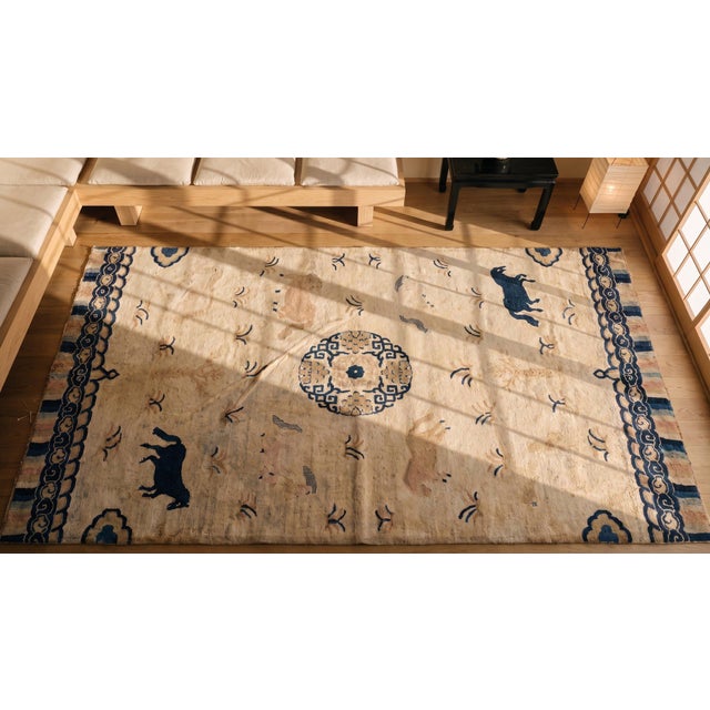 Beige 1930s Hand Knotted Pile Geometric Medallion Rectangle Wool Antique Rug For Sale - Image 9 of 11