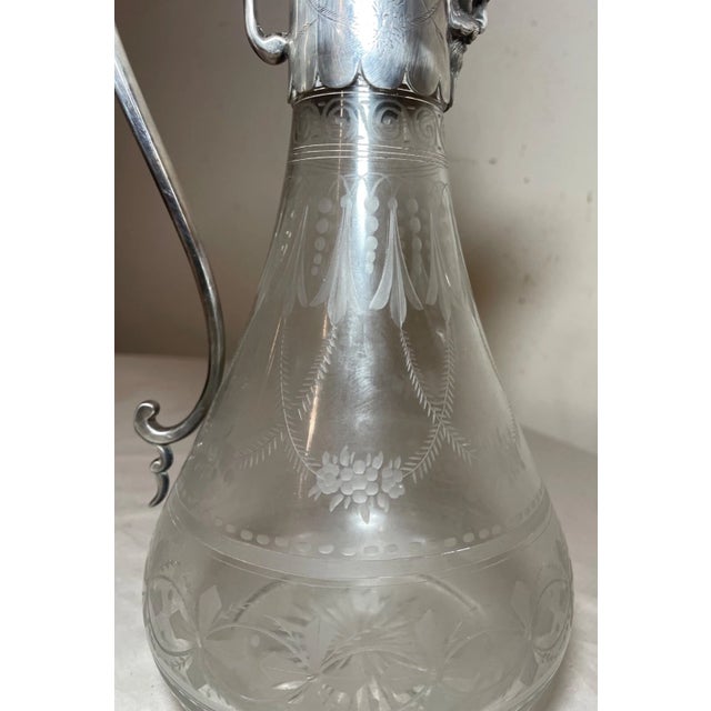 Antique 1800's Ornate Silverplate Etched Crystal Glass Wine Claret Decanter For Sale - Image 9 of 13