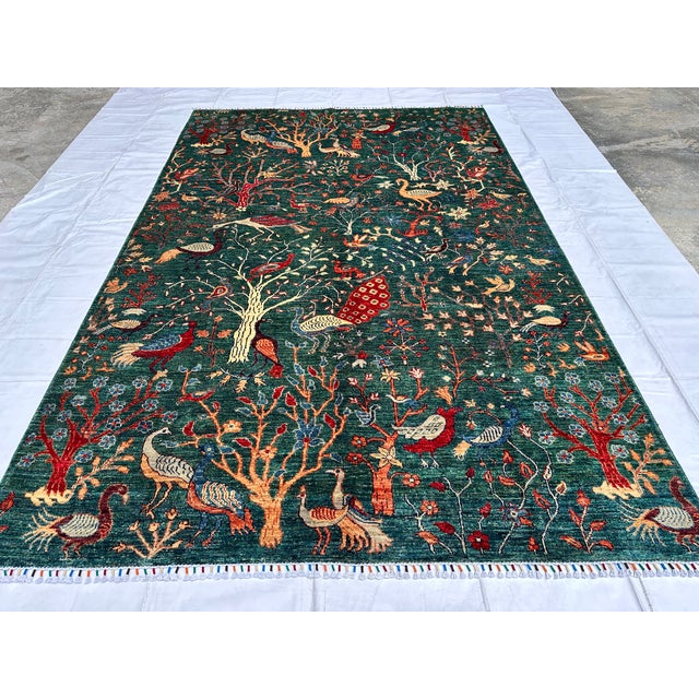 Green Afghan Pictorial Peacock & Bird Garden Hand-Knotted Wool Rug - 9'11" X 6'6" For Sale - Image 4 of 12