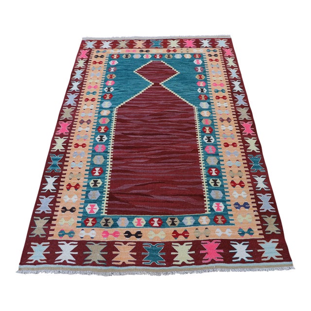1970s Turkish Anatolian Hand Knotted Natural Wool Burgundy Kilim Rug For Sale