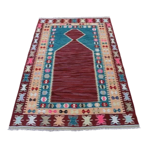 1970s Turkish Anatolian Hand Knotted Natural Wool Burgundy Kilim Rug