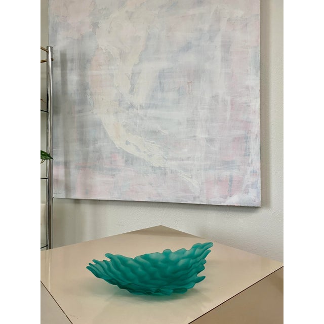 Postmodern Carved + Shaped Aqua Art Glass Asymmetrical Shallow Bowl For Sale - Image 4 of 5