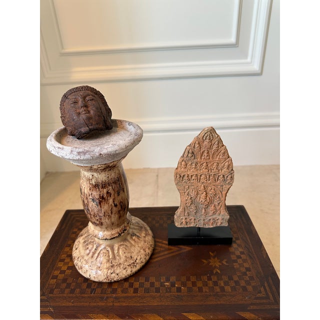 Tan Vintage 7” French Glazed Terracotta Pillar Candleholder For Sale - Image 8 of 14