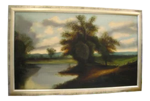 Early 20th Century Antique River Landscape Oil Painting