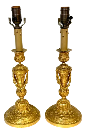 Pair of Neoclassical Louis XVI-Style Ormolu Candlesticks, Now as Lamps