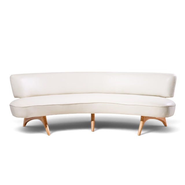 Vladimir Kagan Mid Century Tiger Maple Floating Curve Sofa This sofa measures: 85 wide x 38 deep x 30.75 inches high, with...