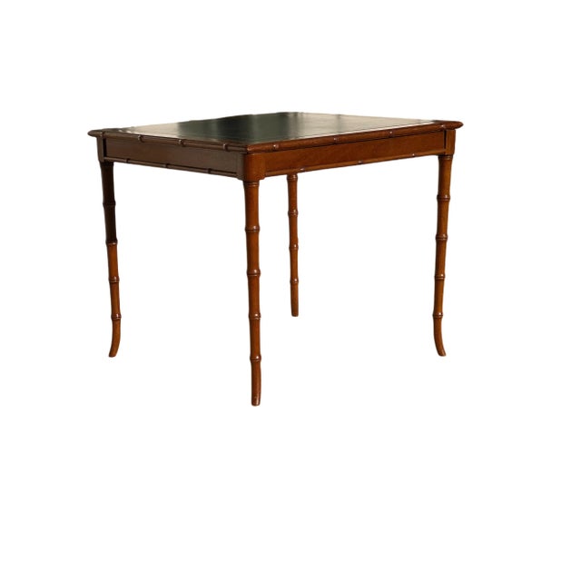 Coastal Late 20th Century Carved Walnut & Black Tooled Leather Faux Bamboo Game Table For Sale - Image 3 of 18