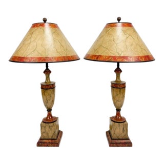 Vintage Neoclassical Faux Marble Painted Wooden Table Lamps With Matching Shades - a Pair For Sale