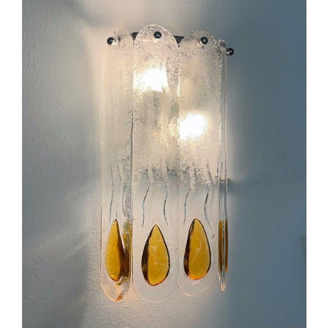 Boho Chic Mid-Century Modern Italian Amber Murano Wall Sconces from Mazzega, 1970s, Set of 3 For Sale - Image 3 of 11