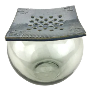 Hand Blown Glass Vase With Artisan Pottery Flower Support
