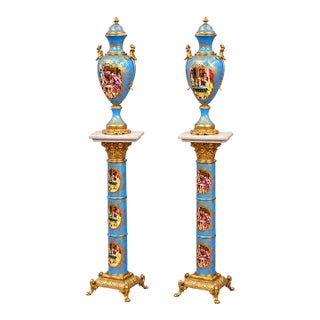 French-Style Blue & Peach Porcelain Vase – Romantic Scenic Artwork With Gilded Details For Sale