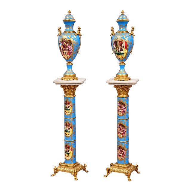 French-Style Blue & Peach Porcelain Vase – Romantic Scenic Artwork With Gilded Details For Sale
