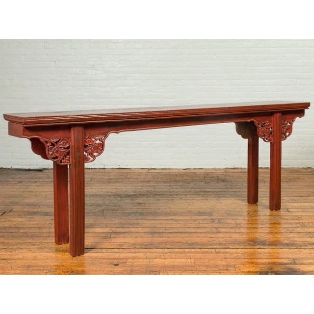 Ming Dynasty Style Chinese Elm Sang de Bœuf Console Table with Carved Apron For Sale In New York - Image 6 of 11