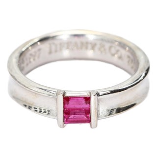 18k White Gold Tiffany & Co. Band With Two Channel Set Ruby Baguettes, Size 5.75 For Sale