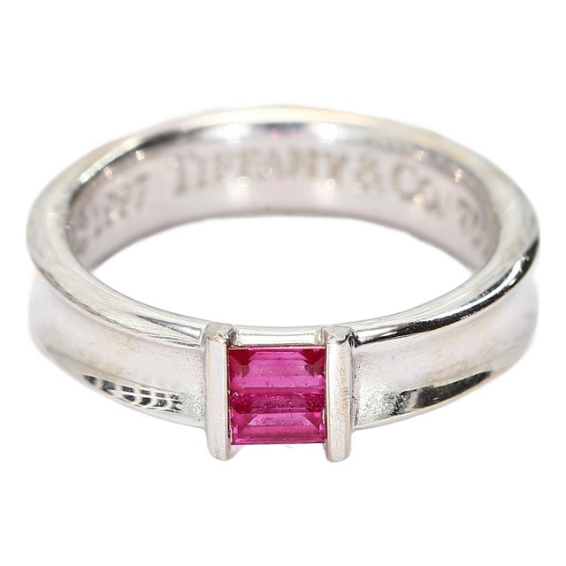 18k White Gold Tiffany & Co. Band With Two Channel Set Ruby Baguettes, Size 5.75 For Sale