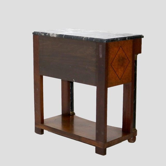 Biedermeier Three Drawer Burl, Faux Painted & Ebonized Marble Top Stand C1920 For Sale - Image 9 of 10