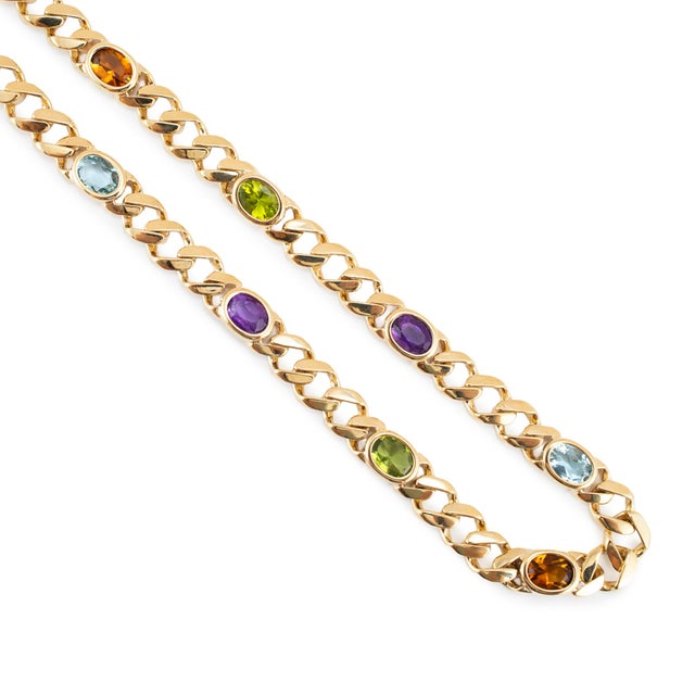 Vintage 14k Yellow Gold 11.98ctw Multi Gem Rainbow Curb Link Chain Necklace For Sale - Image 4 of 8