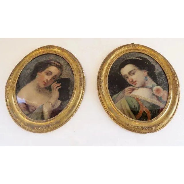 Portraiture Mid 19th Century Reverse Painted Portraits of Young Girls, Framed - a Pair For Sale - Image 3 of 8