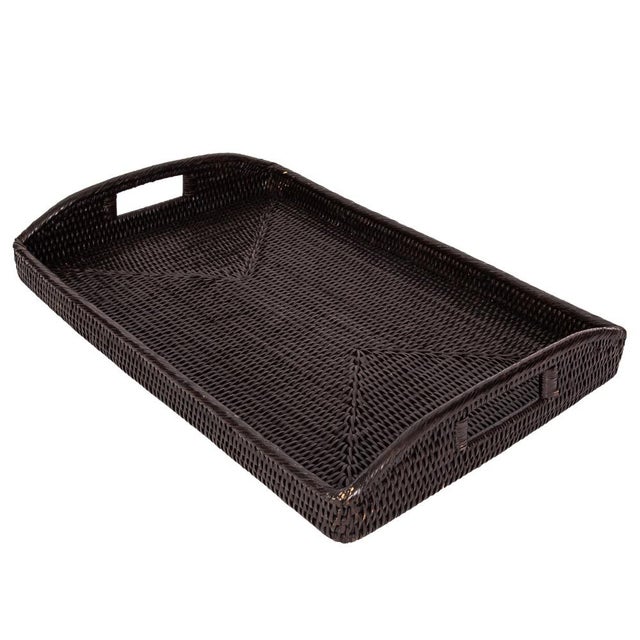 Boho Chic Artifacts Rattan Rectangular Serving Tray with High Handles in Tudor Black - 21" For Sale - Image 3 of 12