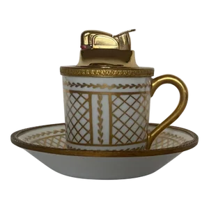 1950's French Hand Painted Gold Porcelain Table Lighter on Plate / Saucer