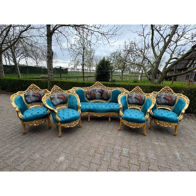 1900s French Louis XVI Blue/Green Velvet Beech Sofa Set 5pc For Sale - Image 16 of 18