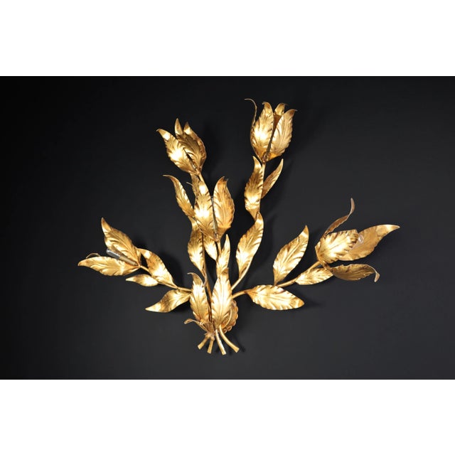 Vintage German Gilded Metal Floral Leaf Monumental Wall Sconce by Hans Kögl, 1970s For Sale - Image 10 of 11