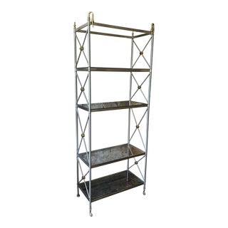 Hollywood Regency Mixed Steel & Brass Etagere Bookcase Shelves With Swan Finials For Sale