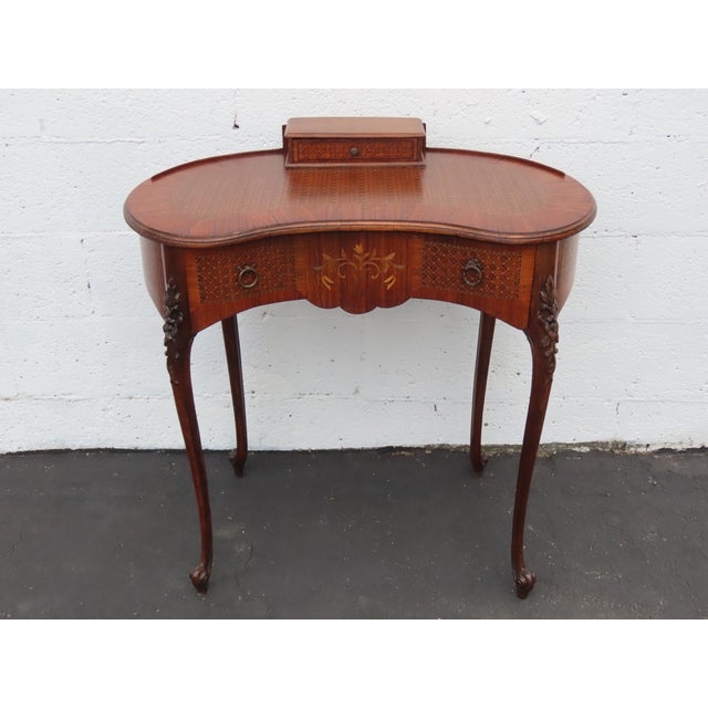 French Early 1900s Kidney Shape Carved Inlaid Small Writing Desk 6620 For Sale - Image 12 of 16