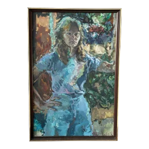 1970s Oil Painting on Canvas Large Self Portrait by Kerrie Silvernell, Framed