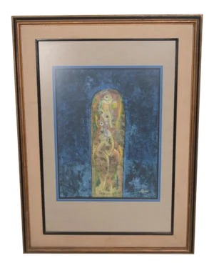 1980s Byron Galvez Art Blue Abstract Mixed Media