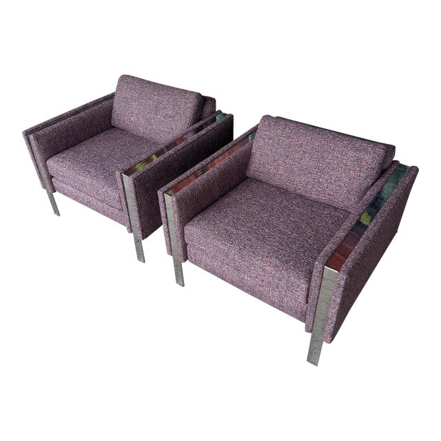 Pair of Chrome Cube Club Chairs Newly Upholstered in a Great Multi Color Texture Fabric For Sale