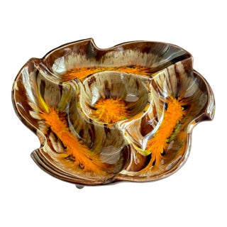 1960s Mid-Century Modern California Pottery Orange & Brown Drip Glaze Divided Serving Dish For Sale