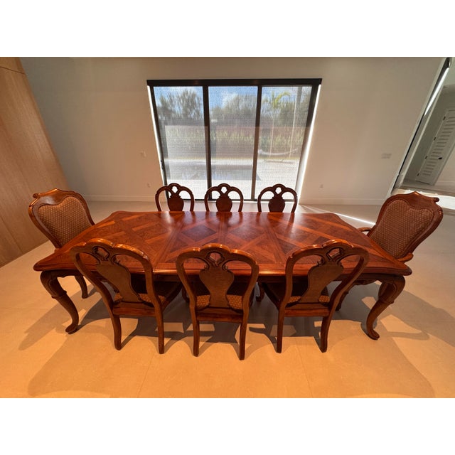 Coffee 1990s Thomasville Burl Oak British Gentry Collection Dining Table With Two Extension Leaves For Sale - Image 8 of 11
