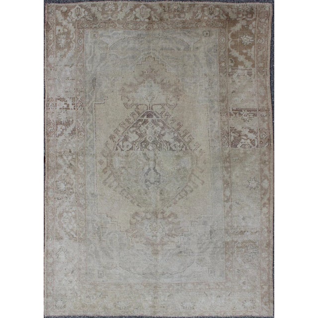 Tan Earthy Tones Muted Turkish Oushak Rug With Faded Medallion Design For Sale - Image 8 of 8