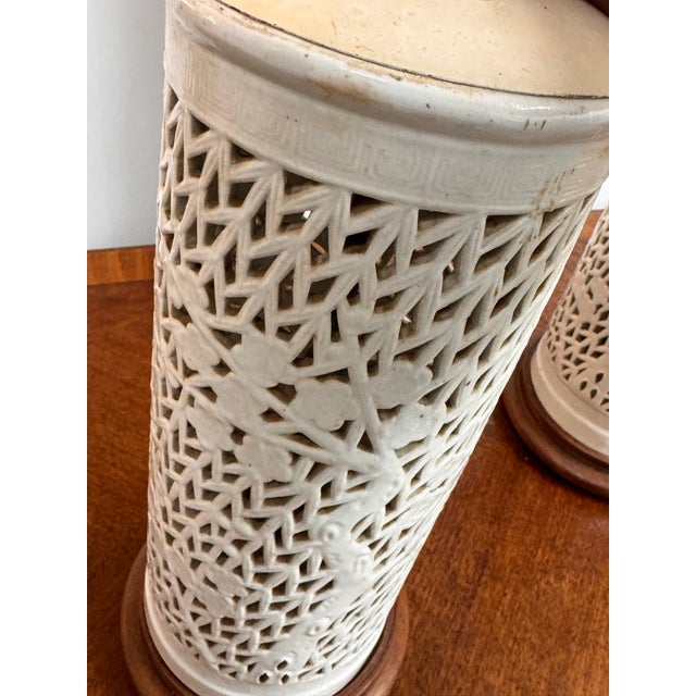Cream Late 20th Century Chinoiserie Style Pierced Ceramic Table Lamps, Pair For Sale - Image 8 of 12
