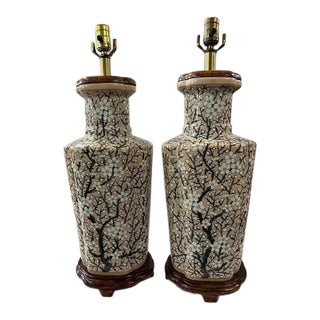 Vintage Pink Porcelain Cherry Blossom Lamps, a Pair For Sale