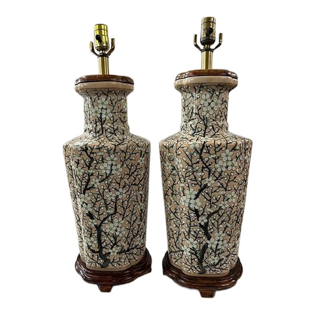 Vintage Pink Porcelain Cherry Blossom Lamps, a Pair For Sale