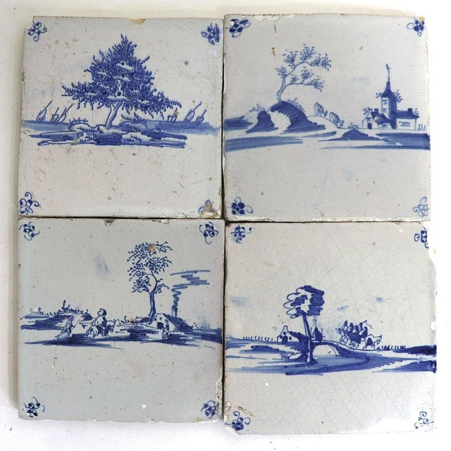 Baroque Set of Four 19th Century Dutch Delft Blue and White Pottery Square Landscape Tiles For Sale - Image 3 of 11