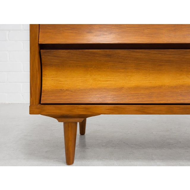 Mid Century Modern Walnut Lowboy Dresser | Sculpted Front 6 Drawer Credenza | Refinished Vintage MCM Bedroom Storage Cabinet, C. 1960’s For Sale - Image 9 of 16
