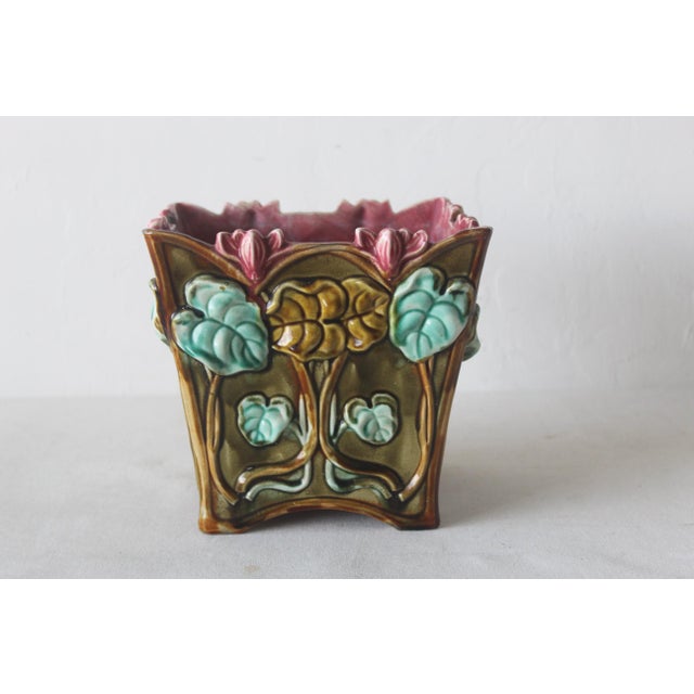 Blue 1900s French Onnaing G77 Art Nouveau Flower Vines Details Jardinière Cache Pot Planter For Sale - Image 8 of 11