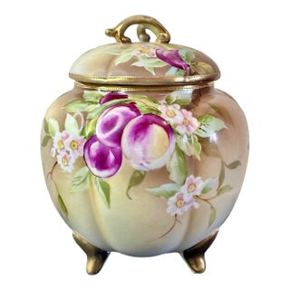 Antique Nippon Biscuit Jar (Hand-Painted Plums, Gilt Trim, C. 1911–1921) For Sale