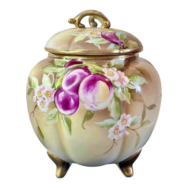Antique Nippon Biscuit Jar (Hand-Painted Plums, Gilt Trim, C. 1911–1921) For Sale