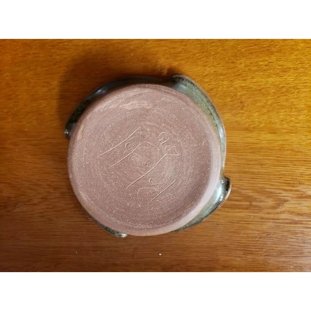 2015 Signed Green and Brown Pottery Bowl With Glazed Inner Surface For Sale - Image 4 of 5