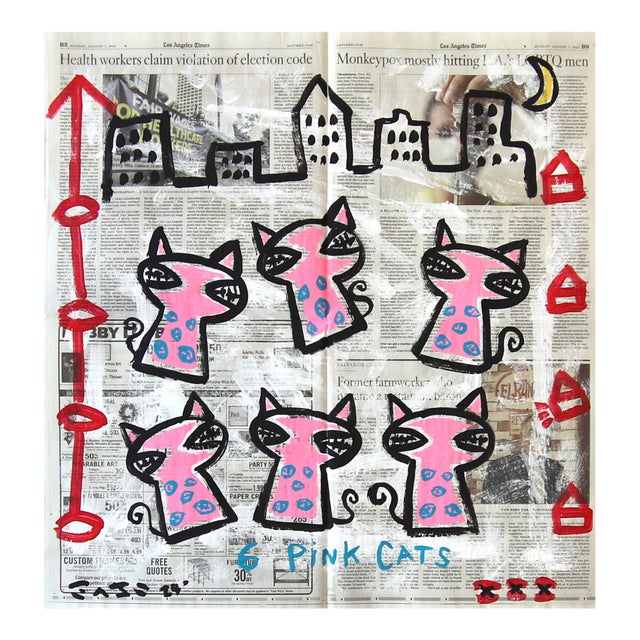6 Pink Cats - Original Quirky Figurative Animal Pop Art Painting by Gary John For Sale