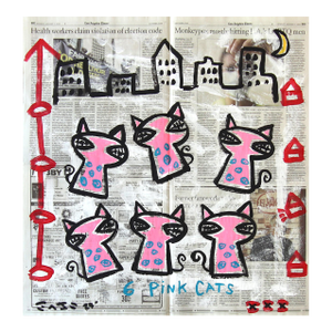 6 Pink Cats - Original Quirky Figurative Animal Pop Art Painting by Gary John